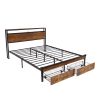 Queen Size Metal Platform Bed Frame with Wooden Headboard and Footboard with USB,Charging Station,2 Drawers,LED Lights, No Box Spring Needed, Easy Ass