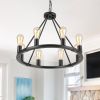 23.6" 8 Lights Wagon Wheel Chandelier,Black Metal Round Industrial Vintage Kitchen Island Pendant Light for Living Dining Room Foyer Entryway
