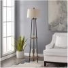 65" Woodgrain and Black Metal Floor Lamp with Table Frame