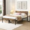 Full Size Bed Frame with Wood Headboard, Metal Platform Bed with Under Bed Storage, No Box Spring Needed, Rustic Brown & Black
