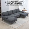 U Shape Couch with Double Chaise, 4 Seater Linen Feel Sofa for Modern Living Room, Dark Grey