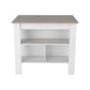 Kitchen Island, Kitchen Table 35" H, Three Open Storage Shelves, Four Legs, White / Light Gray