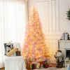 HOMCOM 7.5 FT Tall Pre Lit Christmas Tree, Flocked Artificial Tress w/ 500 Warm White LED Lights & 1346 Tips for Party, Pink