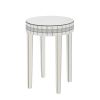 Round Mirror Accent Table, with Silver Mirror Glass Tabletop with Bling Crushed Diamond Edge Frame and Crystal Mirror Legs. End Table for Living Room