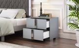 Elegant Nightstand with Metal Foot, Mirrored Bedside Table with 2 Drawers for Bedroom, Living Room, Gray