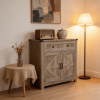 Light Gray-Washed Wood Farmhouse Barn-Door Storage Cabinet, Coffee Bar Buffet Sideboard with Drawer for Kitchen & Living Room