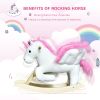 Qaba Plush Rocking Unicorn, Wooden Ride-On Chair, Lullaby Song, 18-36 Months, White & Pink, Comfort & Joy for Babies