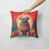 Fawn Pug Christmas Throw Pillow Machine Washable, Indoor Outdoor Decorative Pillow for Couch, Bed or Patio, 14Hx14W