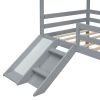 Twin Low Loft House Bed with Slide, Ladder, Safety Guardrails, House Roof Frame,Grey