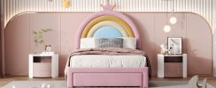 Twin Size Upholstered Rainbow Design Bed, Velvet Princess Platform Bed with Storage Drawer, No Box-spring Needed,Colorful&Pink