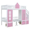 Twin-Over-Twin Bunk Bed with Changeable Table, Bunk Bed Turn into Upper Bed and Down Desk -Pink