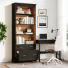Bookshelf with storage space, vertical display rack, and lined cabinet