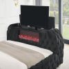 1pc Luxurious Comfort Innovative Design Queen Bed Deeply Tufted Headboard Upholstered Black Velvet Television Lift Built-in Electric Fireplace Bedroom