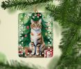 Owyhee Bob Cat By the Christmas Tree Porcelain Ornament Christmas Tree Hanging Decorations for Home Christmas Holiday, Rectangle, Gift, Multicolor