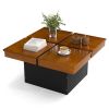 Modern Square Floating Coffee Table Okume Wood Veneer 4-Section Storage Walnut & Black
