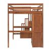 Full Size Loft Wood Bed with Desk, Book shelves and Wardrobe with Doors and Drawer, Built-in Staircase with Storage Shelves