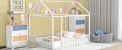 Full Size Metal Bed House Bed Frame with Fence, for Kids, Teens, Girls, Boys,White