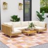 Outsunny 7 Piece Wicker Patio Furniture Set, Modular Outdoor Sectional with Thickened Cushions, Acacia Wood Table, Khaki/Beige