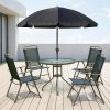 Black Coffee 6 Piece Patio Dining Set for 4 with Umbrella Outdoor round Glass Table And 4 Folding Chairs for Garden Backyard Poolside