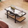 2-Tier Coffee Table with Storage and Tempered Glass Tabletop
