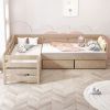 Twin Size L-shaped Platform Bed with Three Storage Drawers, Natural