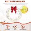 24in Pre-lit Iridescent Outdoor Christmas Wreath Decoration, Lighted Metal Wreath with Red Bow, Warm White LED Lights
