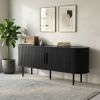 Black Embossed Particle Board TV Stand, Oval Tabletop 147Ãƒâ€”35Ãƒâ€”58cm, Entertainment Center with Slatted Sliding Doors
