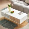 Rectangle Coffee Table with Solid Wood Legs, Sliding Drawer for Storage, Modern Table for Living Room , White