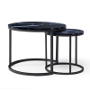 Set 2 Coffee Table Nesting Black top Black Frame Circular Round and Marble Pattern Wooden Tables