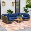Outsunny 7 Piece Wicker Patio Furniture Set, Modular Outdoor Sectional with Thickened Cushions, Acacia Wood Table, Brown/Blue