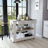 Kitchen Island 36" H, Six Casters, Two Drawers, Two Open Storage Shelves, Towel Hanger, White/Light Oak