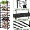 10 Tier Shoe Rack Narrow Shoe Shelf Tall Metal Shoe Storage Organizer for Entryway Closet, Freestanding Boot Rack with Hooks, Holds 20-24 Pairs