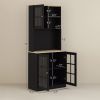 Kitchen Pantry Storage Cabinet, 72" Freestanding Cabinet with Hutch, Large Countertop, Glass Doors and Adjustable Shelves for Dining Room, Black
