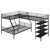 L-Shaped Metal Twin over Full Bunk Bed and Twin Size Loft Bed with Four Built-in Shelves