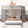 Twin Over Full Bunk Bed with 3-layer Shelves, Drawers and Storage Stairs, Gray