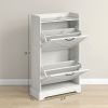 Slim Shoe Storage Cabinet, Farmhouse Shoe Cabinet with 2 Flip Drawers, Adjustable Shelves for 8 Pairs, Distressed White