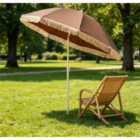 7 FT Boho Patio Umbrella With Fringe Tassel, 30' Adjustable Tilt Outdoor Sun Canopy, Portable 2-Section Metal Beach Umbrella