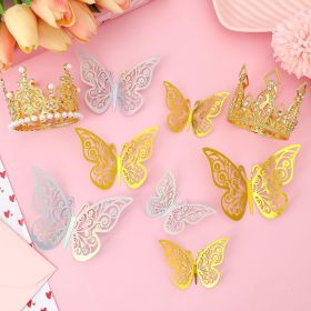 Flower Bouquet Accessories Set 24pcs 3D Hollow Butterflies 2pcs Gold Crowns 2 Tubes Of Sliver Glitter Powder,Mini Crowns For Mothers Day Cake Decorati