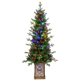 4ft Pre-lit Potted Porch Christmas Tree, Small Slim Christmas Tree With Multicolor Lights, Twinkle Potted Xmas Tree With Mixed PE, Metal Glint Basin,