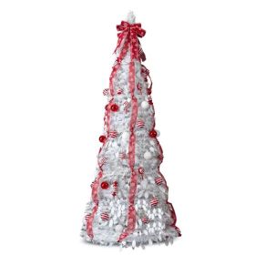6 FT Fully Decorated Pre-lit Christmas Tree, Pop Up Artificial Xmas Tree With 100 Warm Lights And Red Ornaments For Home Office Store Holiday Deco, Wh