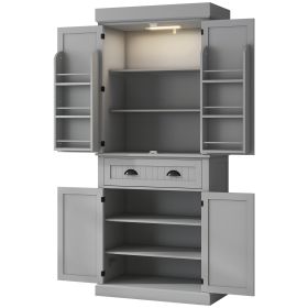 71" Kitchen Pantry Cabinet with LED Lights, 6 Door Shelves, a Drawer and 4 Adjustable Shelves, Gray