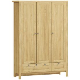 3 Doors Wardrobe Closet with 2 Drawers, Bedroom Armoire with Lockable Drawer, Hanging Rod and Storage Shelves, Natural