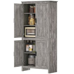 64" 4-Door Kitchen Pantry, Freestanding Storage Cabinet with 3 Adjustable Shelves for Kitchen, Gray Oak