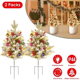 2Pcs Battery Powered Lighted Christmas Tree Urn Filler With Light Artificial Xmas Trees Light With Berries Balls LED Pathway Pine Tree IP44 Waterproof
