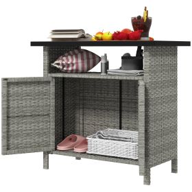 Wicker Outdoor Storage Cabinet with Two Doors and Shelf for Outdoor Pool Towel Storage, Gray