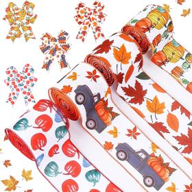 4Rolls 20Yards Thanksgiving Ribbons Autumn Wired Edge Ribbon Fall Themed Decorative Ribbon Pumpkin Maple Leaf Truck Grosgrain Ribbon For Thanksgiving