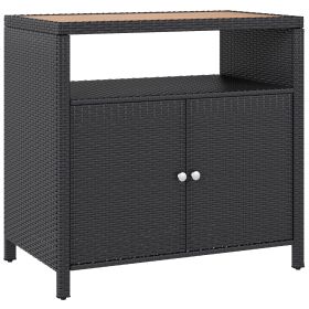 Outdoor Storage Cabinet with Acacia Wood Top, Two Doors, Shelf, Wicker Bar Table for Pool Towel Storage, Black