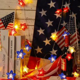 Red White And Blue Star Lights 4th Of July Decorations, 15FT 30 LED 3D Star String Lights With Batteries Compatibility For Memorial Day Decorations Pa