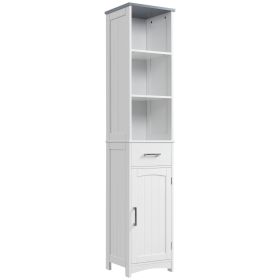 Tall Bathroom Storage Cabinet, Narrow Bathroom Cabinet with 3 Tier Shelving, Drawer and Adjustable Shelves, Slim Freestanding Linen Tower, White