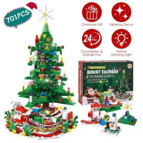 Christmas Tree Building Toy - 701 Pcs With 24-Day Countdown Calendar, 30 LED Warm Lights USB Powered - Santa, Ornaments, Snowflake Topper - Educationa